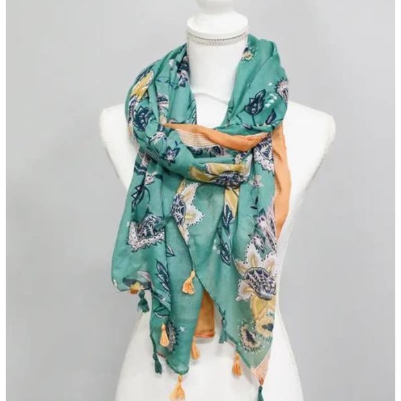 Turquoise Yellow Cottage Floral Design Lightweight Tasseled Scarf - Picture 2 of 5